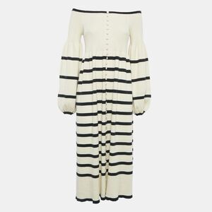 Joslin Off-White Rib Knit Stripe Off-Shoulder Button Detail Flared Midi Dress S